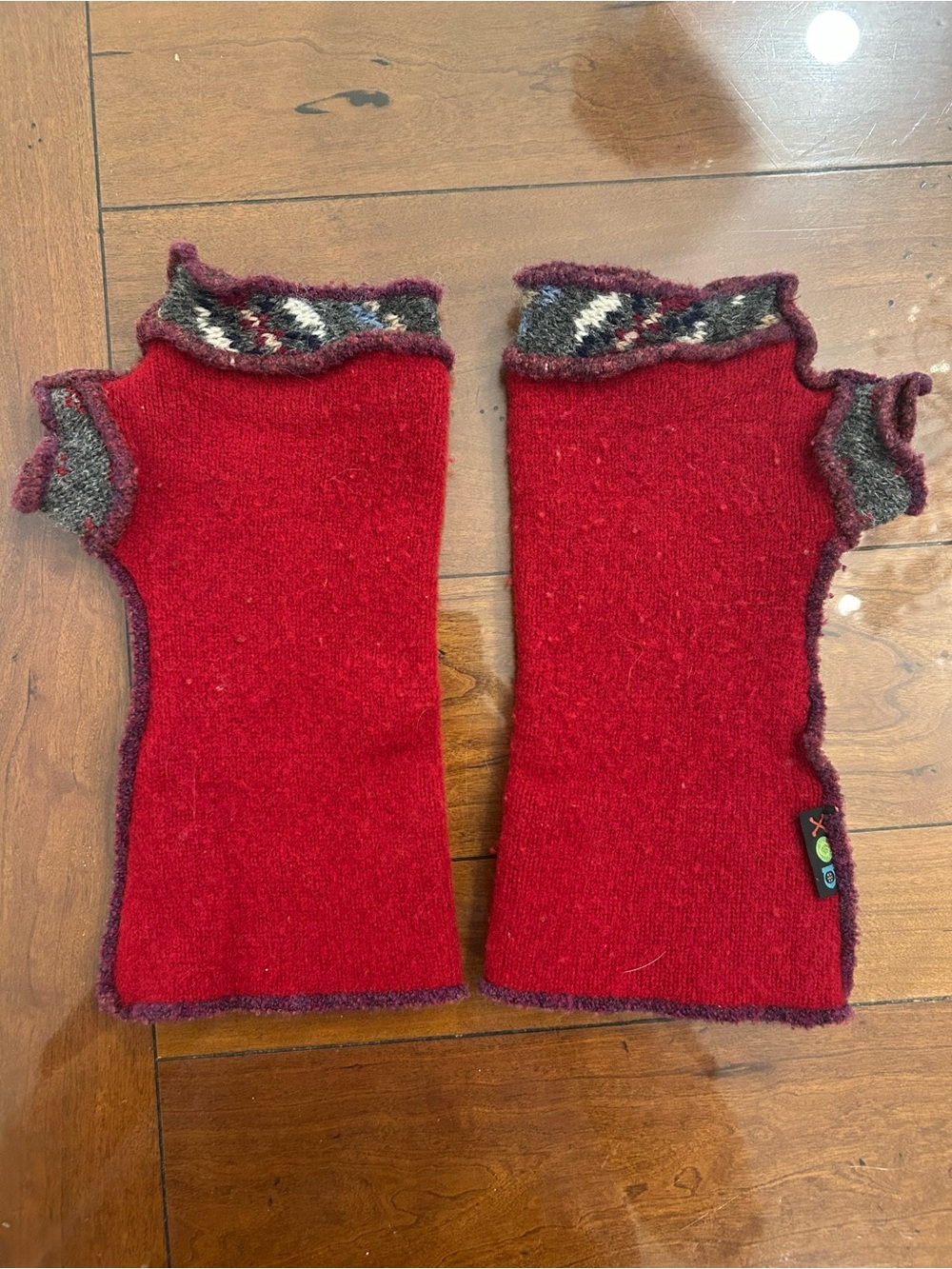 Handmade Red Wool Fingerless Mitts with Patterned Cuff